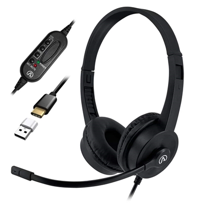 Andrea AC-155 USB-C+A adapter Stereo Headset med In-line lydstyrke og mute kontrol